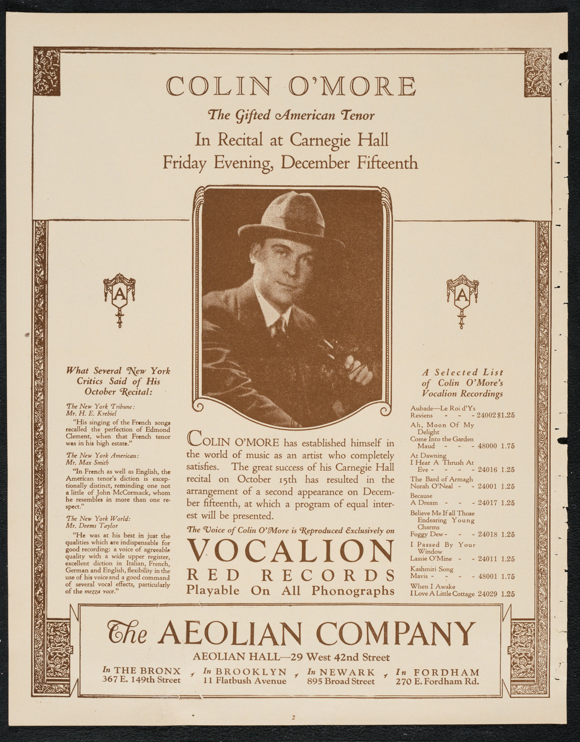 Colin O'More, Tenor, with Sigmund Schwarzenstein, Violin, December 15, 1922, program page 2