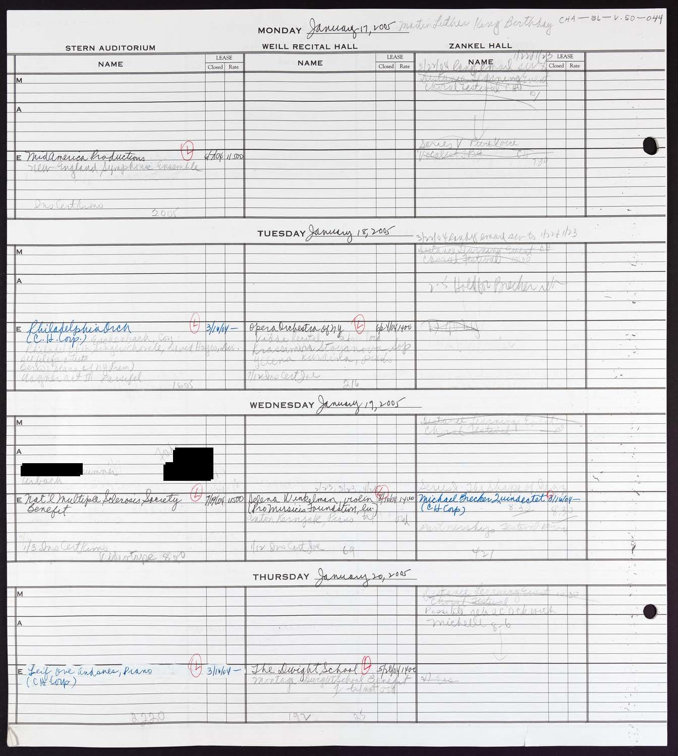 Carnegie Hall Booking Ledger, volume 50, page 44