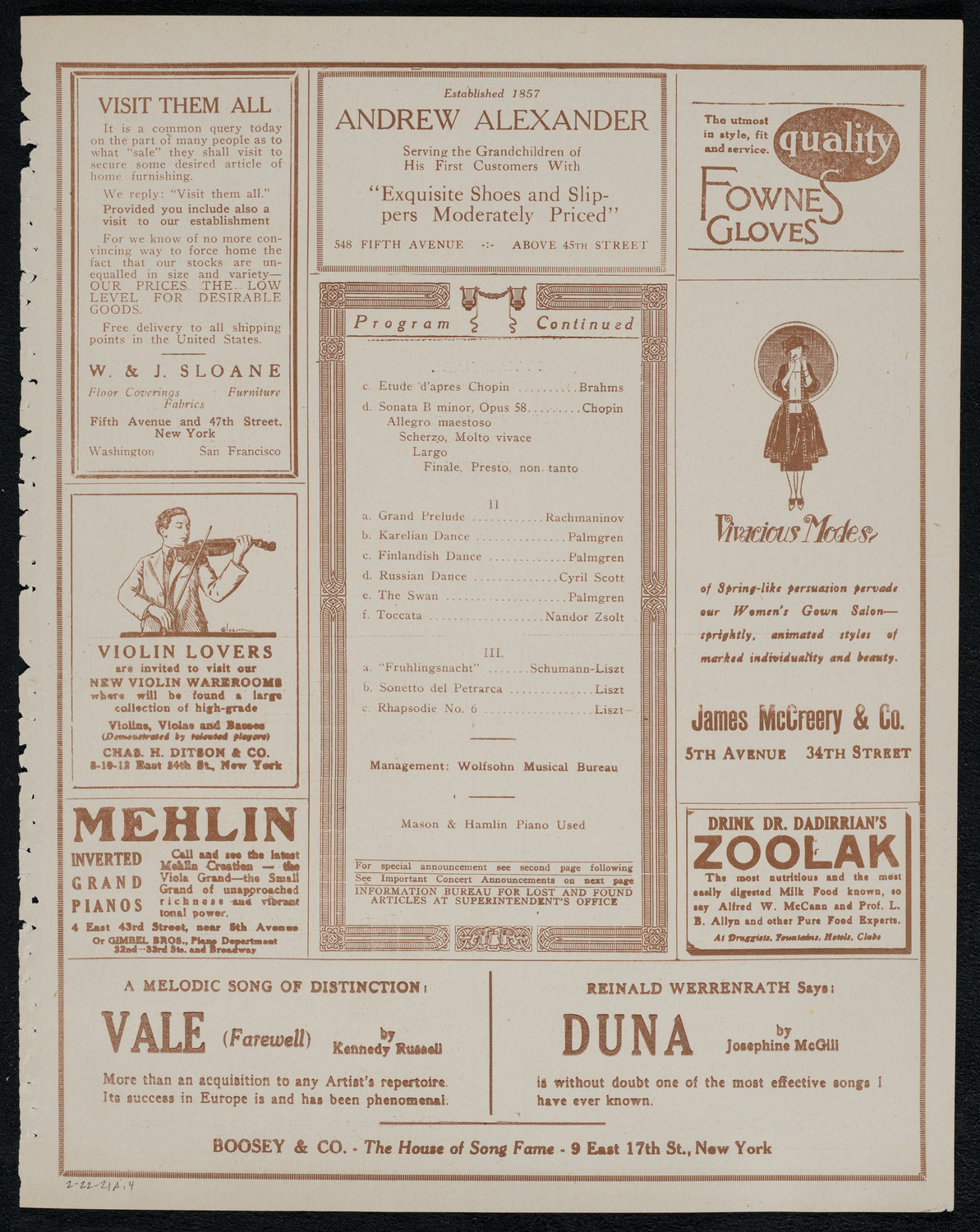 Benno Moiseiwitsch, Piano, February 22, 1921, program page 7