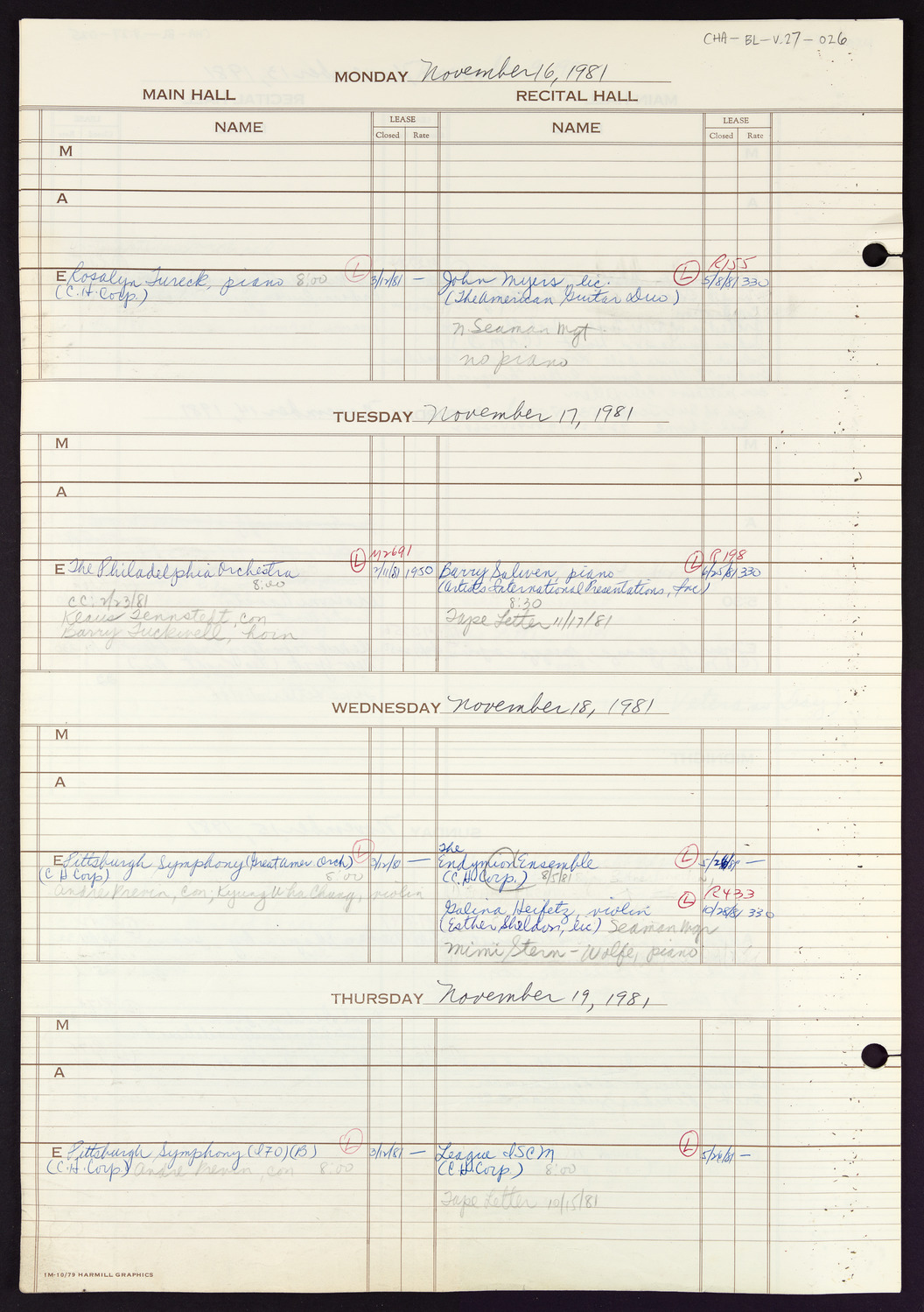 Carnegie Hall Booking Ledger, volume 27, page 26