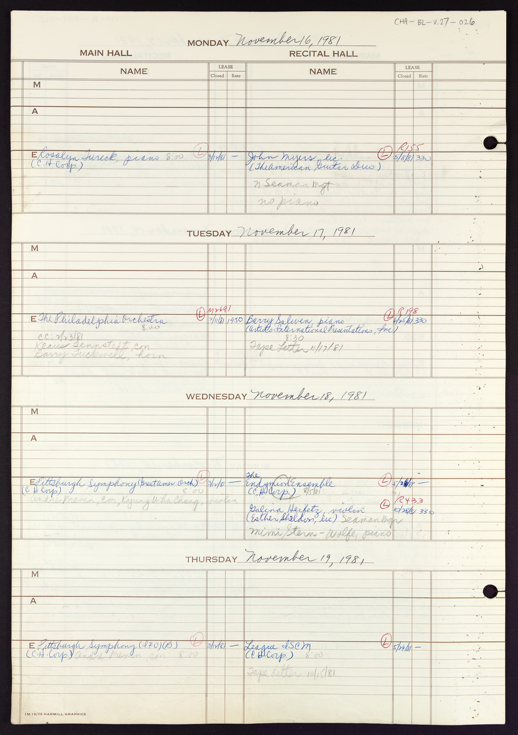 Carnegie Hall Booking Ledger, volume 27, page 26