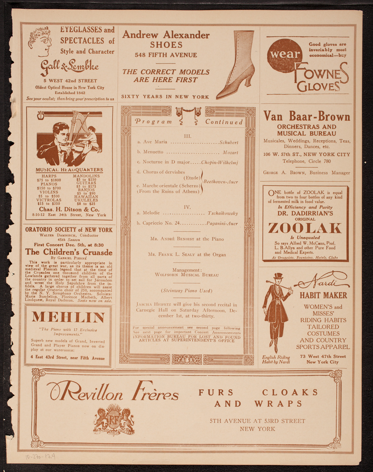 Jascha Heifetz, Violin, October 27, 1917, program page 7