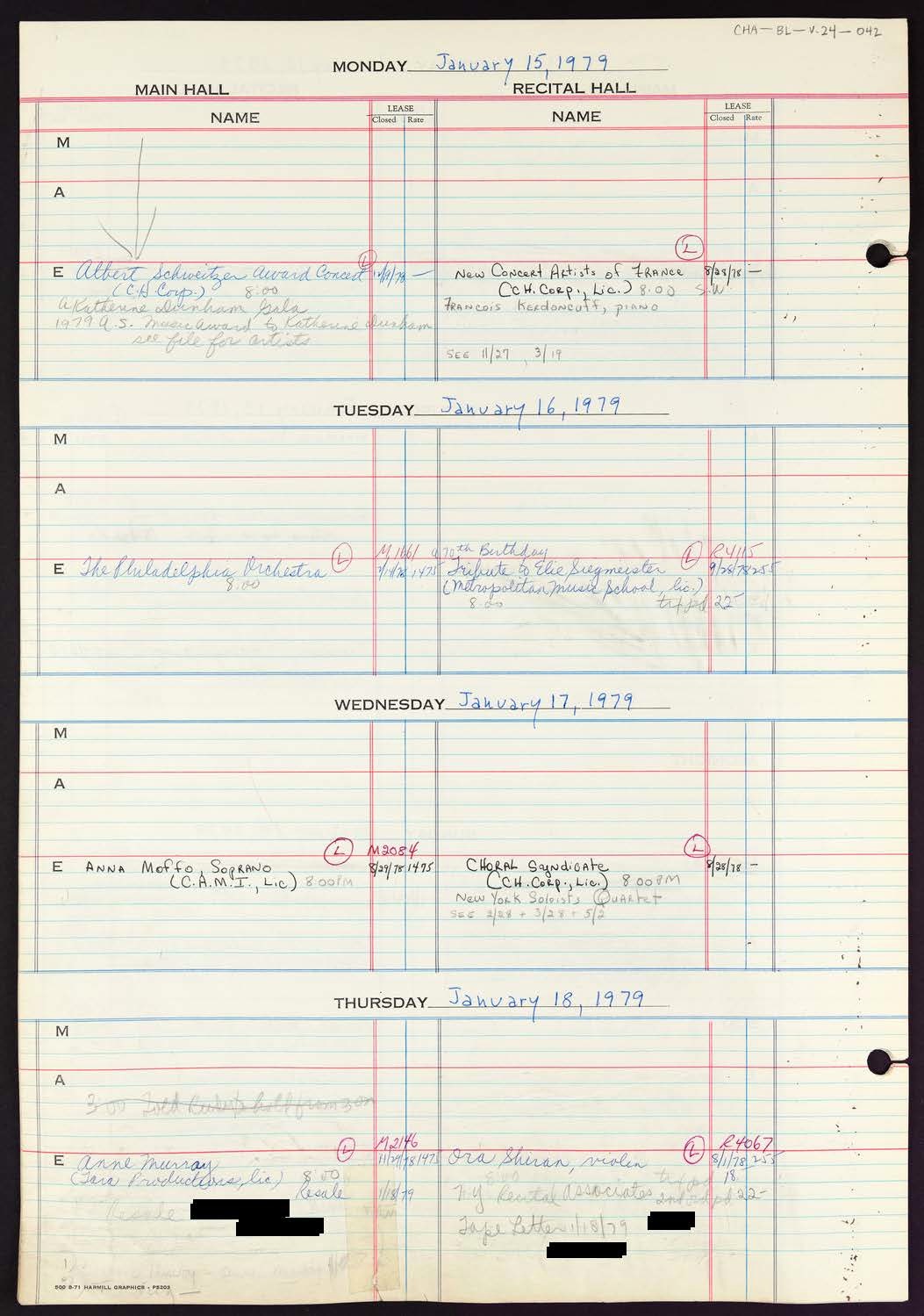 Carnegie Hall Booking Ledger, volume 24, page 42