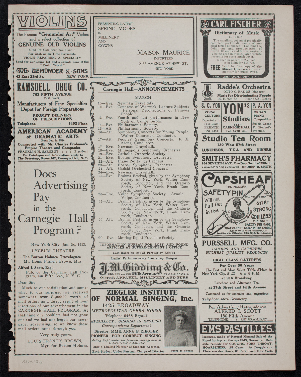 New York Philharmonic, March 10, 1912, program page 3