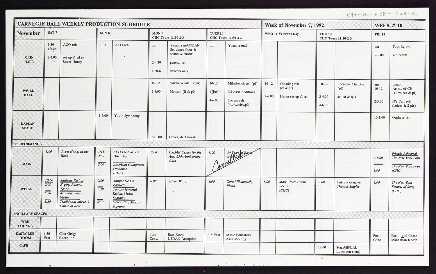 Carnegie Hall Booking Ledger, volume 38, page 23a