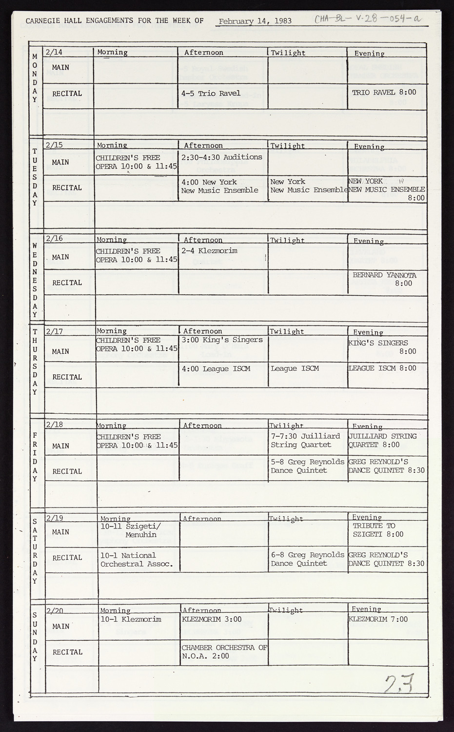 Carnegie Hall Booking Ledger, volume 28, page 54a