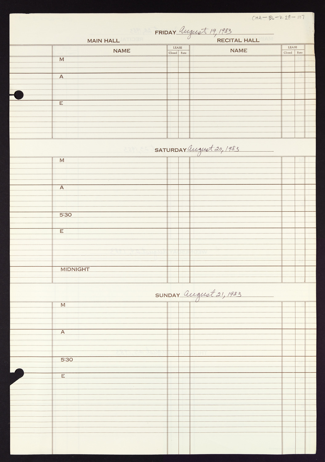 Carnegie Hall Booking Ledger, volume 28, page 107