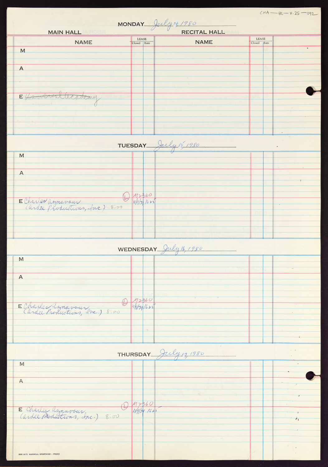 Carnegie Hall Booking Ledger, volume 25, page 92