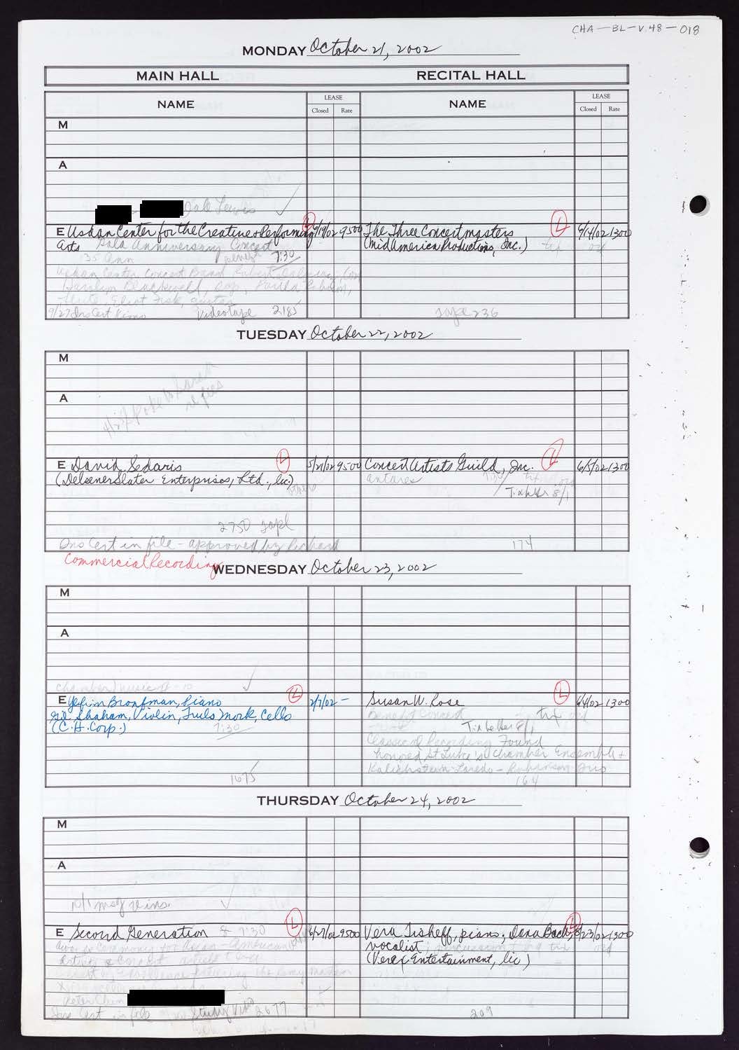 Carnegie Hall Booking Ledger, volume 48, page 18