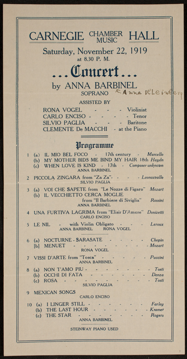 Anna Barbinel, November 22, 1919, program page 1