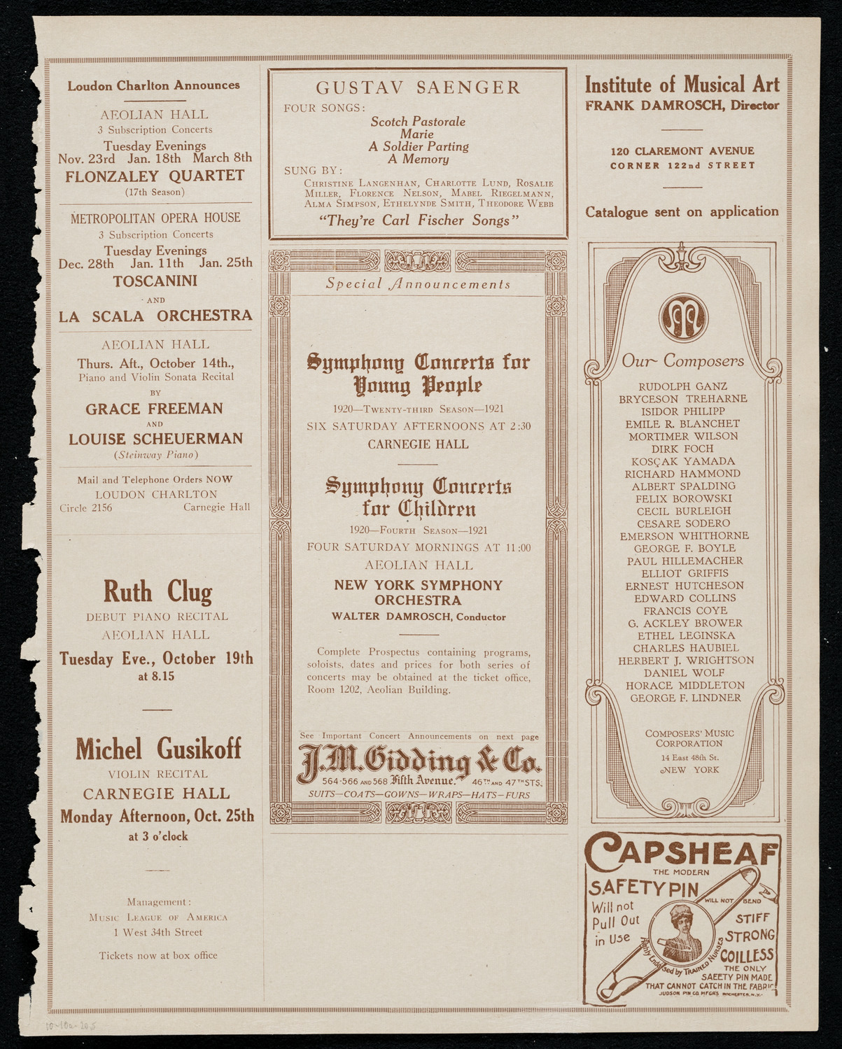 National Symphony Orchestra, October 10, 1920, program page 9