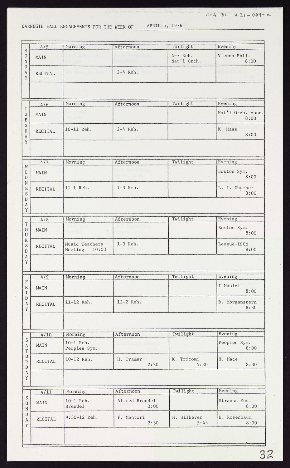 Carnegie Hall Booking Ledger, volume 21, page 64a