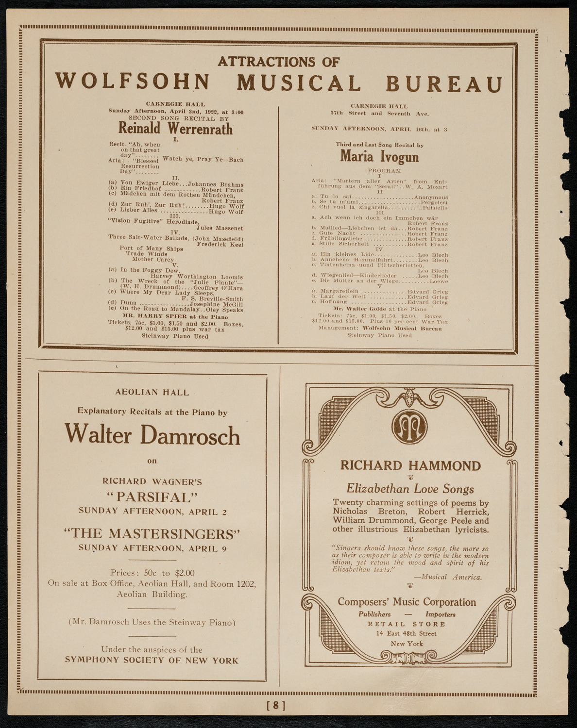 New York Philharmonic, March 30, 1922, program page 8