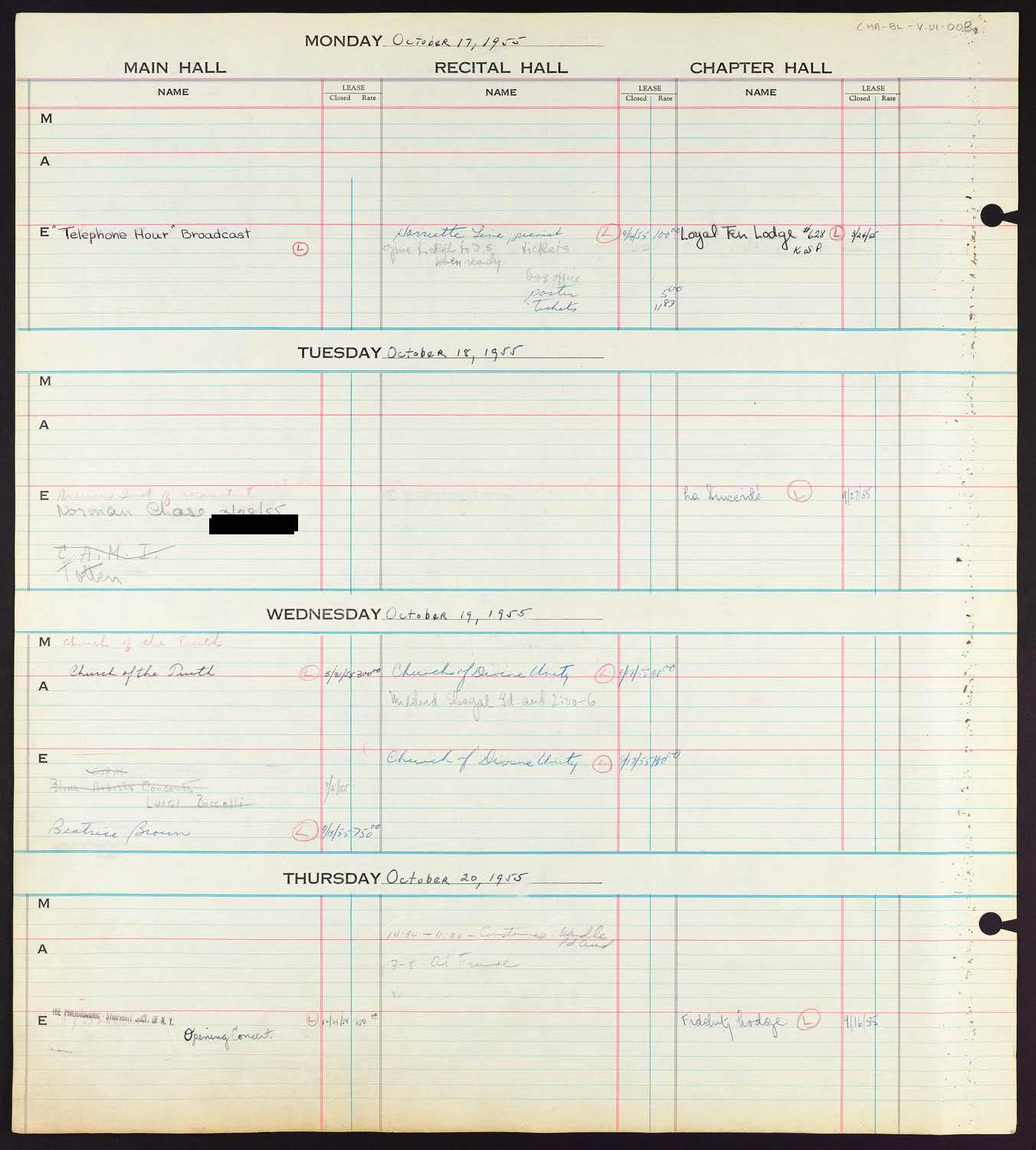 Carnegie Hall Booking Ledger, volume 1, page 8