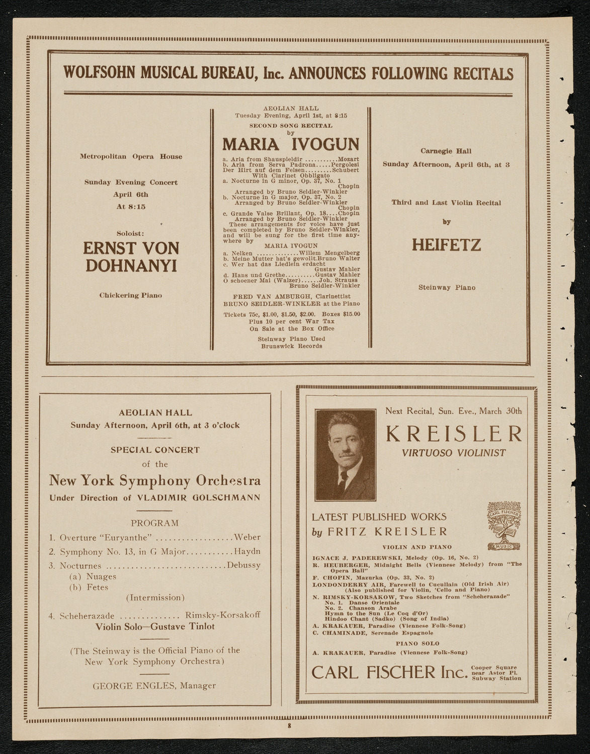 Fritz Kreisler, Violin, March 30, 1924, program page 8
