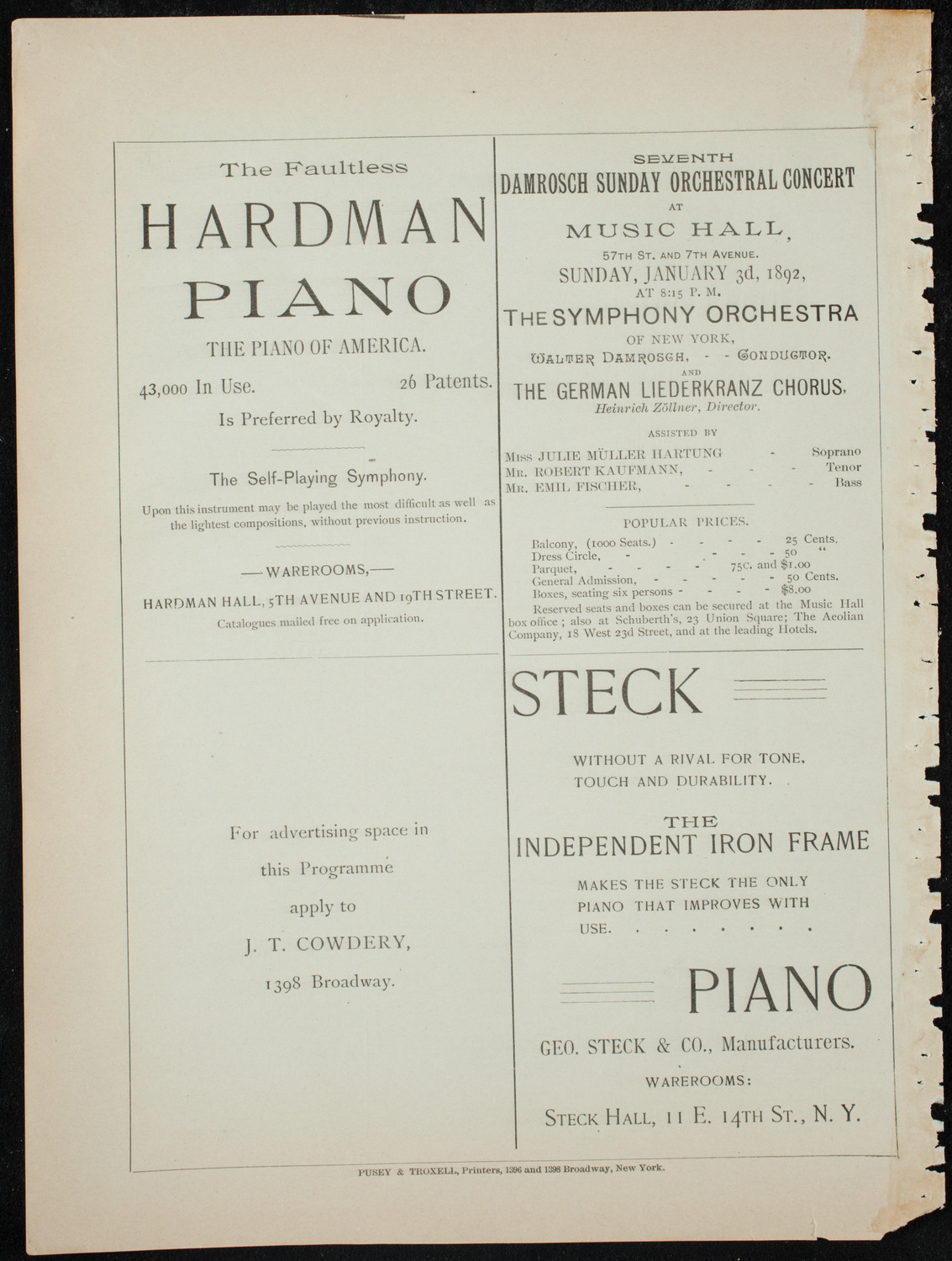 Damrosch Sunday Concert, December 27, 1891, program page 12