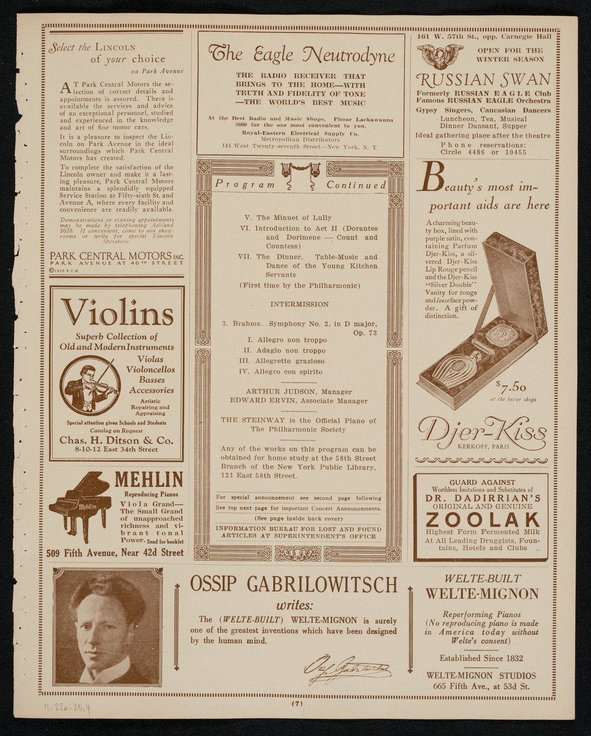 New York Philharmonic, November 22, 1925, program page 7