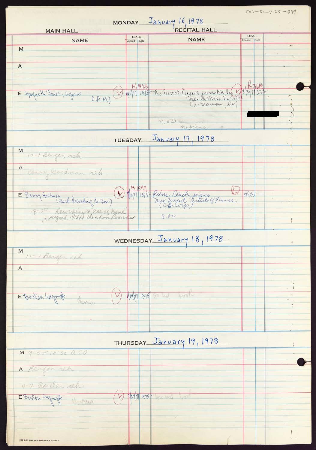 Carnegie Hall Booking Ledger, volume 23, page 44