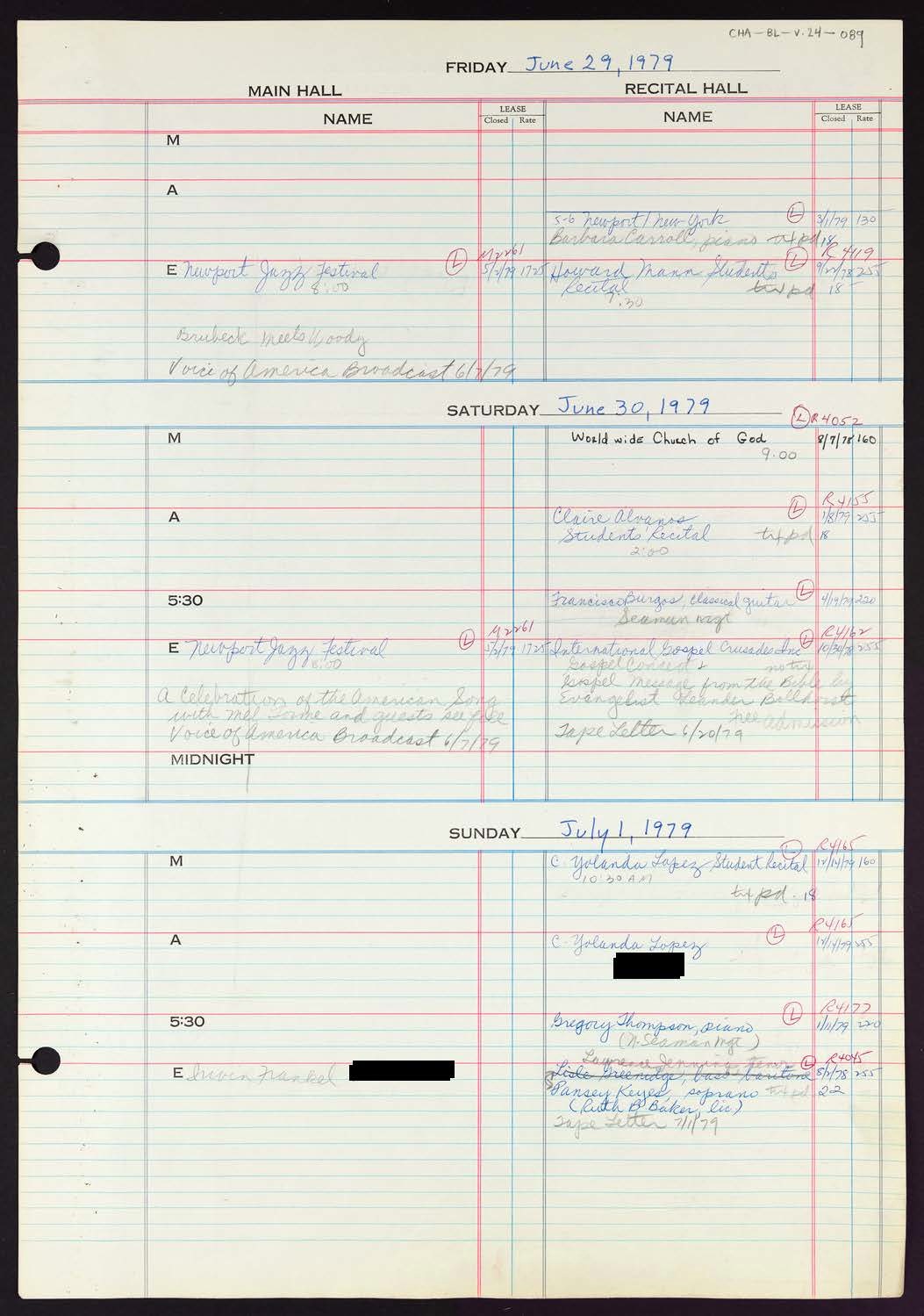 Carnegie Hall Booking Ledger, volume 24, page 89