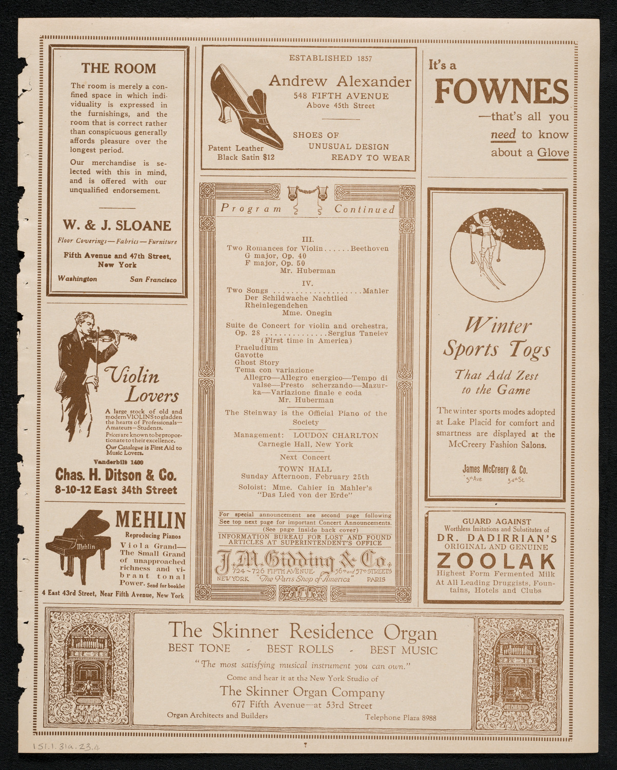 Society of the Friends of Music, January 31, 1923, program page 7