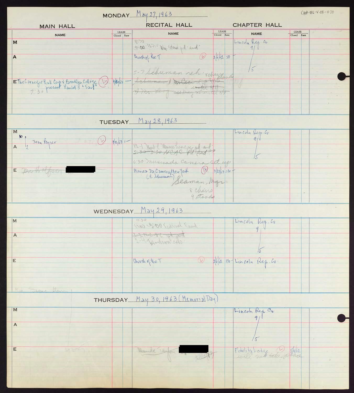 Carnegie Hall Booking Ledger, volume 8, page 70