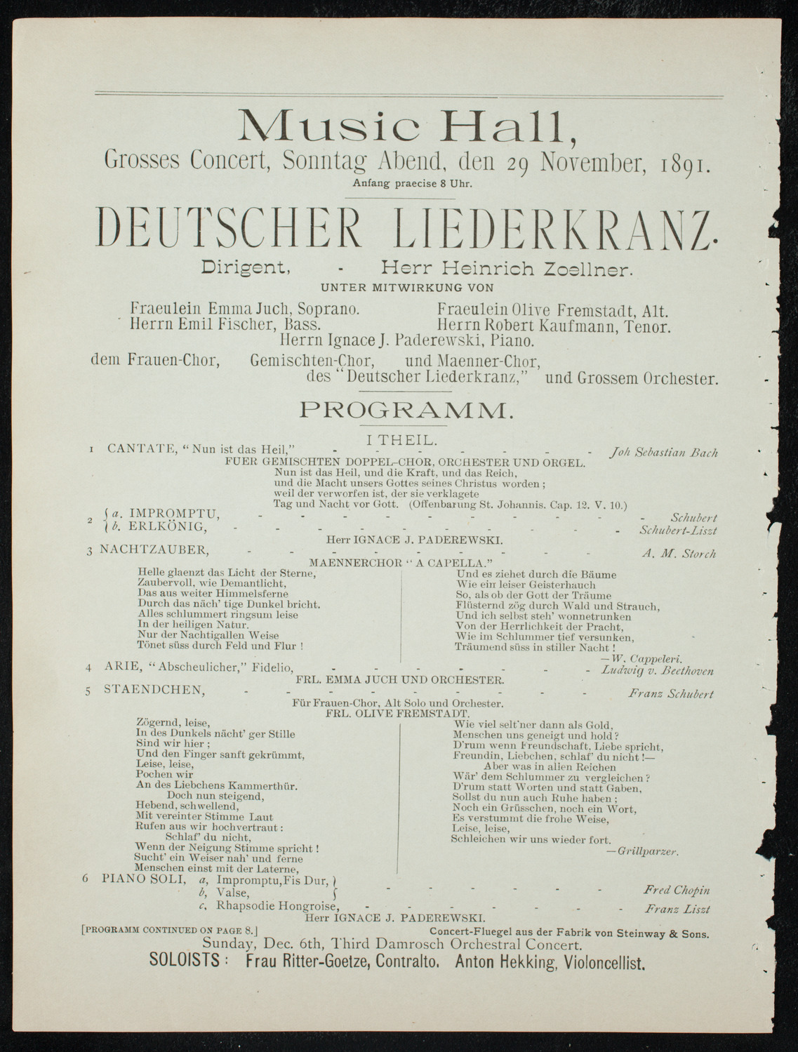 Deutscher Liederkranz, November 29, 1891, program page 6