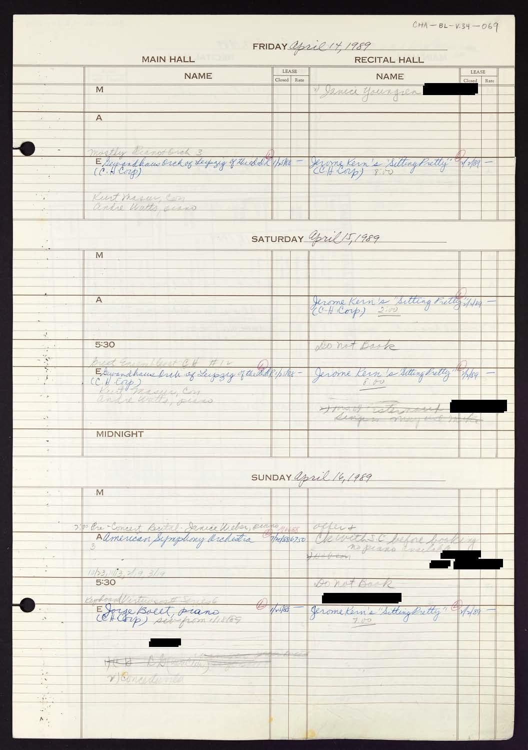 Carnegie Hall Booking Ledger, volume 34, page 69