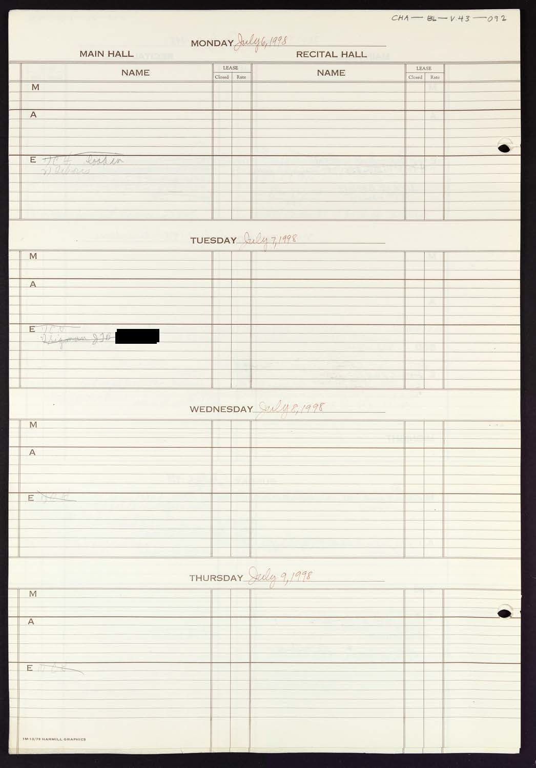 Carnegie Hall Booking Ledger, volume 43, page 92