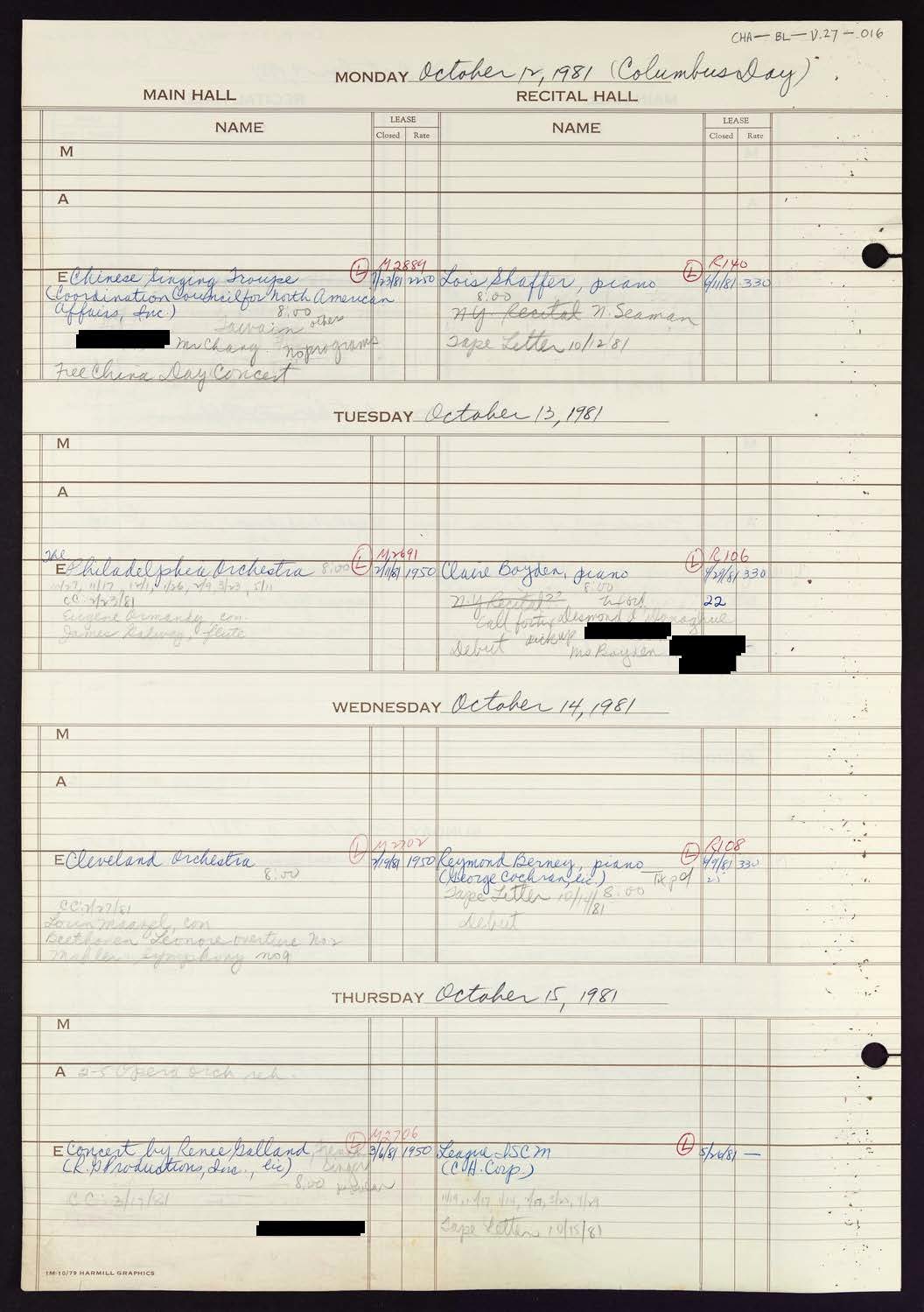 Carnegie Hall Booking Ledger, volume 27, page 16