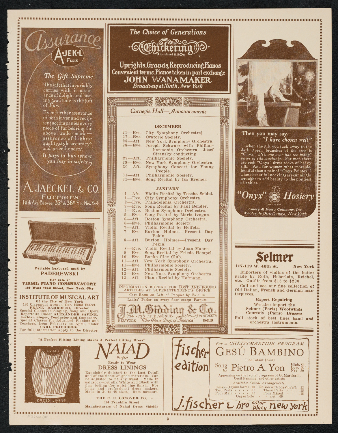 Schola Cantorum of New York, December 20, 1922, program page 3