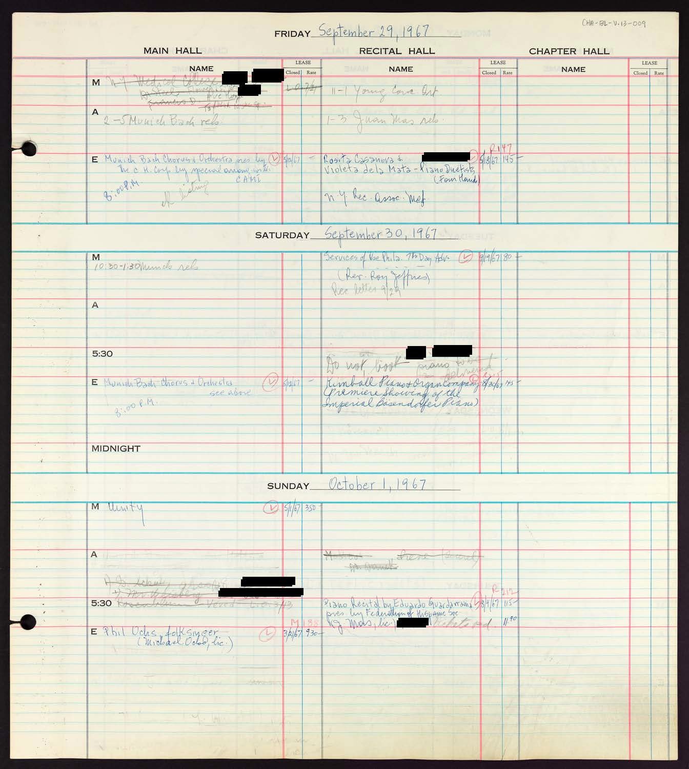 Carnegie Hall Booking Ledger, volume 13, page 9