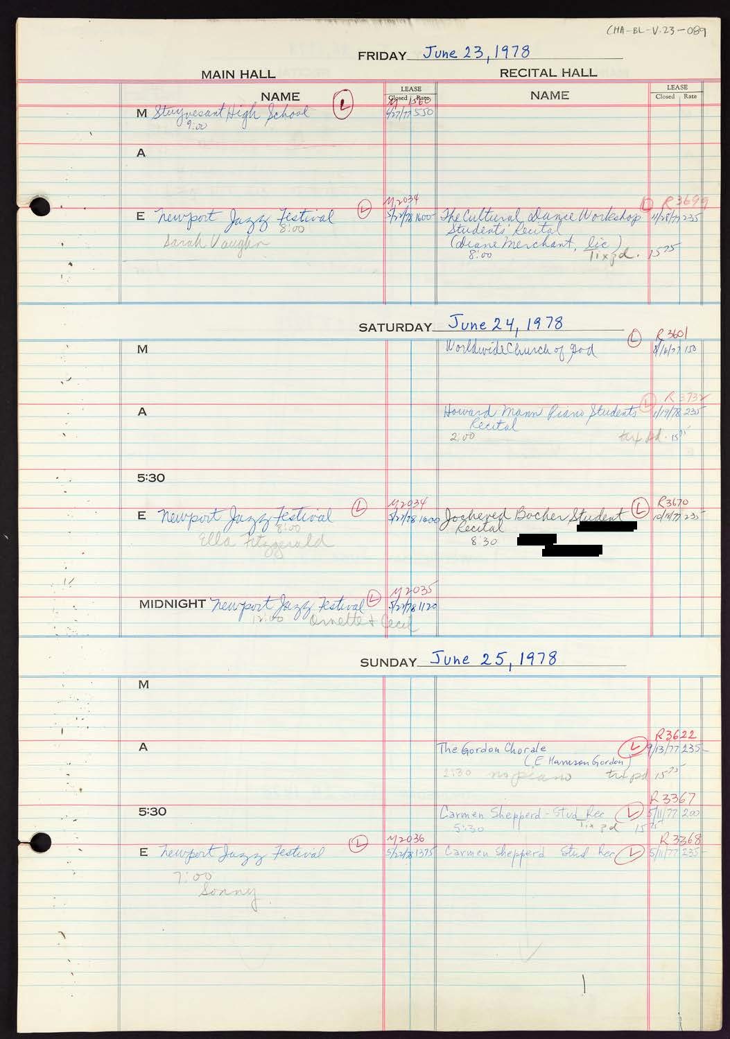 Carnegie Hall Booking Ledger, volume 23, page 89