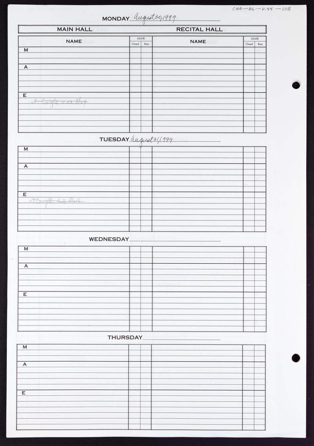 Carnegie Hall Booking Ledger, volume 44, page 108