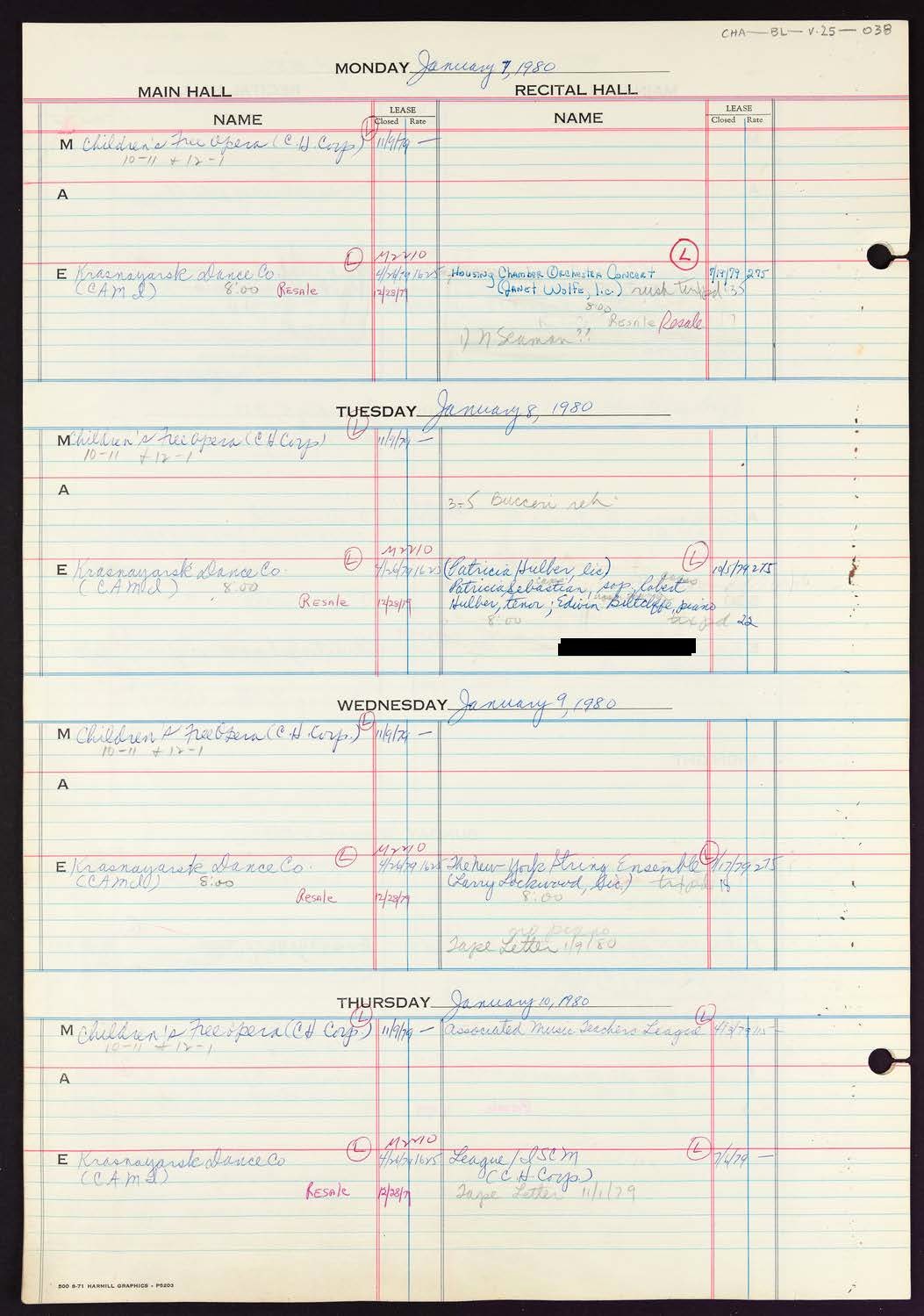 Carnegie Hall Booking Ledger, volume 25, page 38