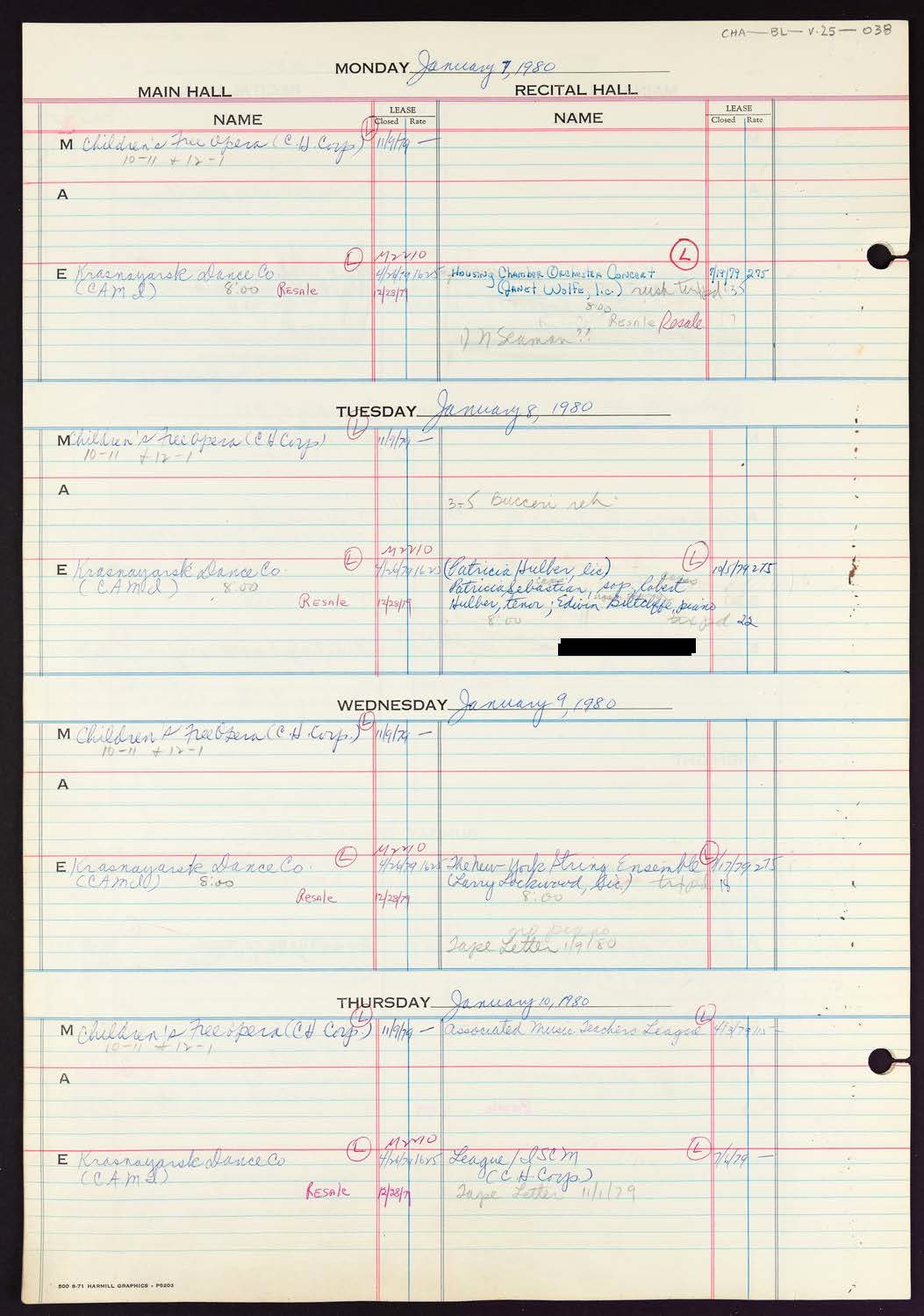 Carnegie Hall Booking Ledger, volume 25, page 38