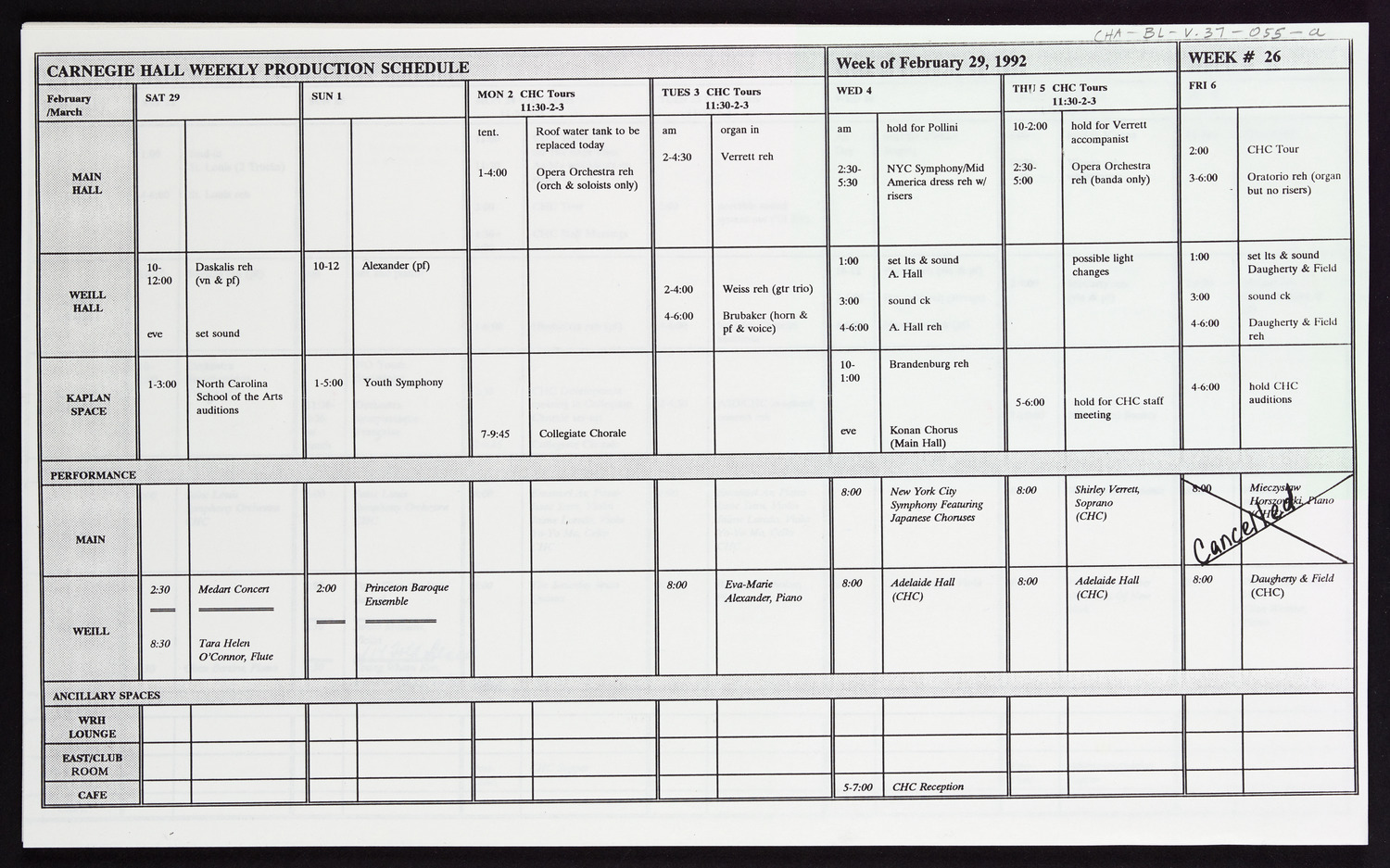 Carnegie Hall Booking Ledger, volume 37, page 55a