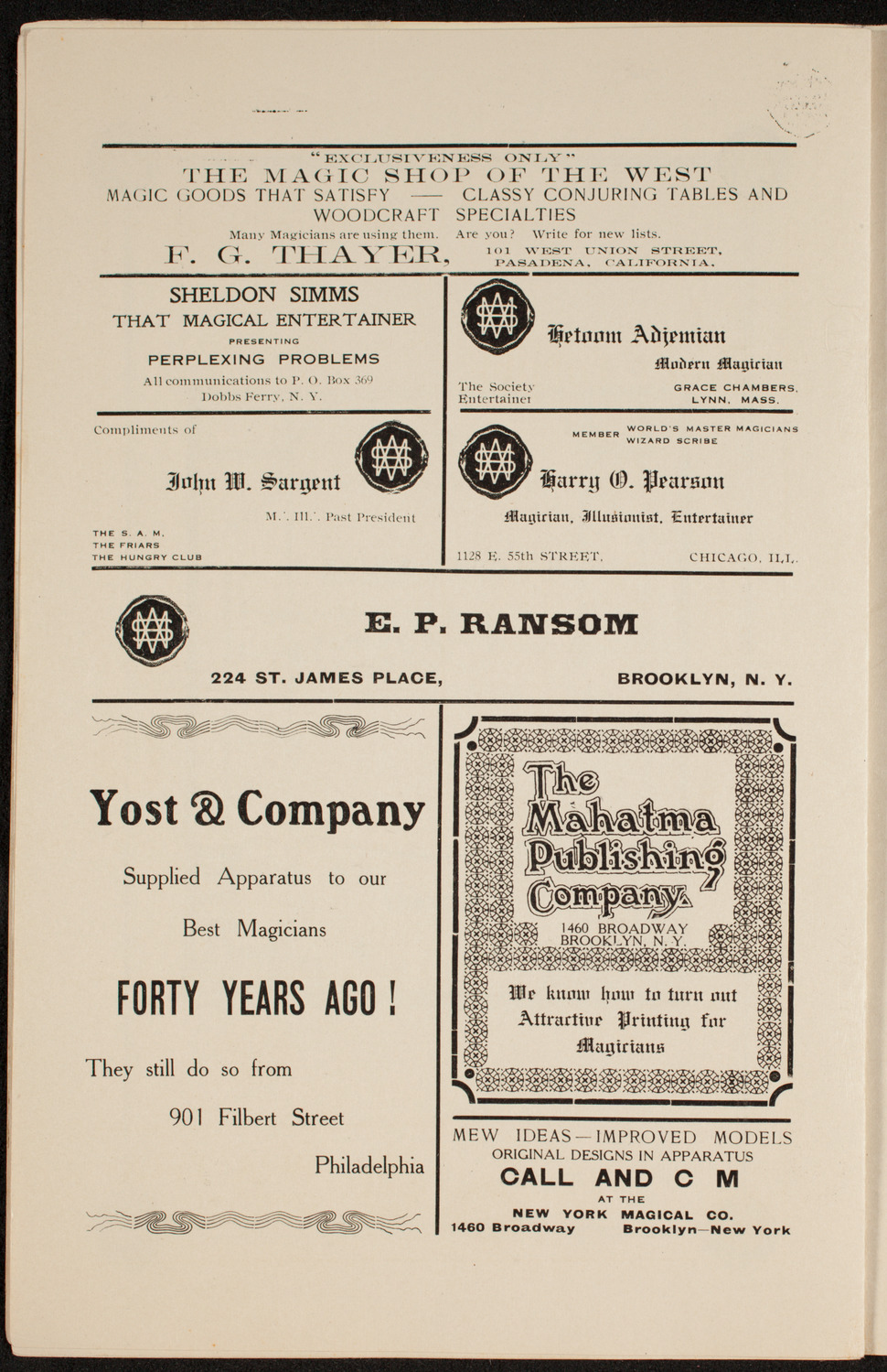 Society of American Magicians, January 14, 1911, program page 12