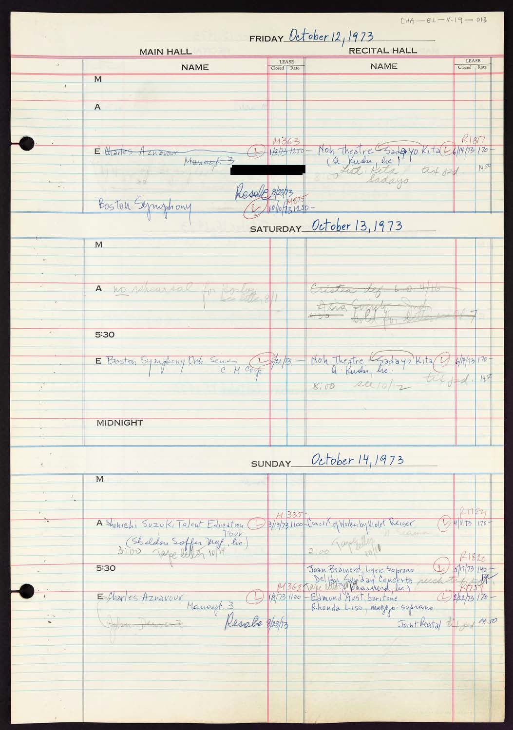 Carnegie Hall Booking Ledger, volume 19, page 13