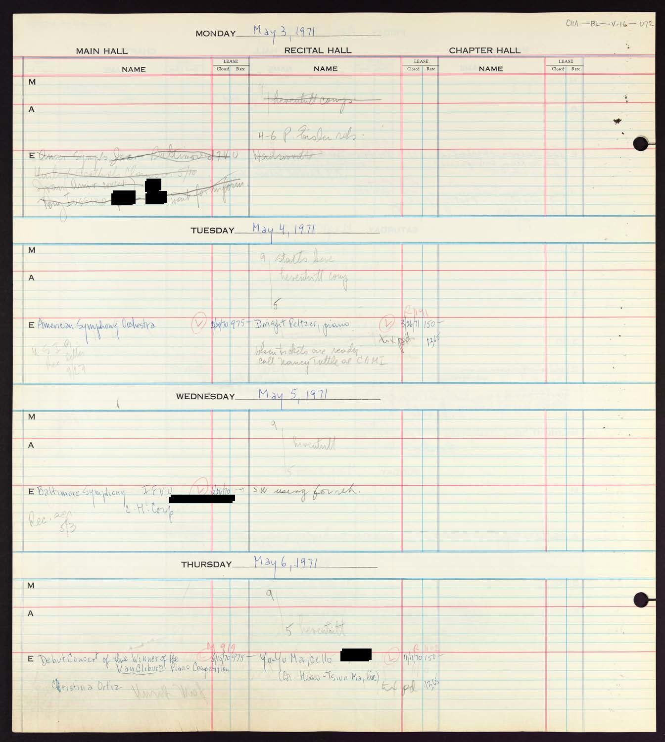 Carnegie Hall Booking Ledger, volume 16, page 72