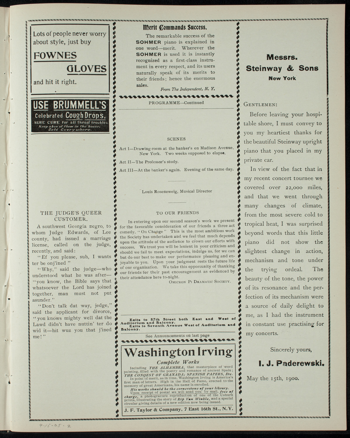 Omicron Pi Dramatic Society, April 15, 1905, program page 3