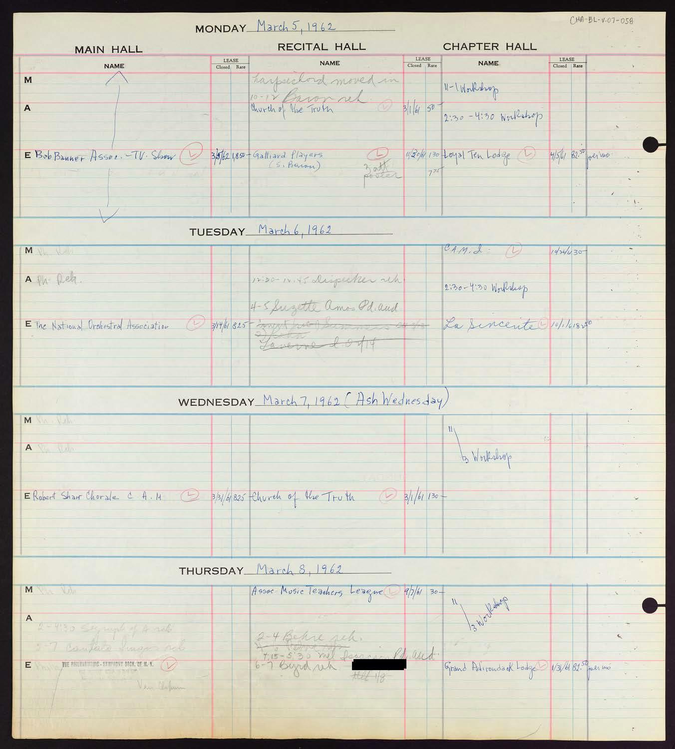 Carnegie Hall Booking Ledger, volume 7, page 58