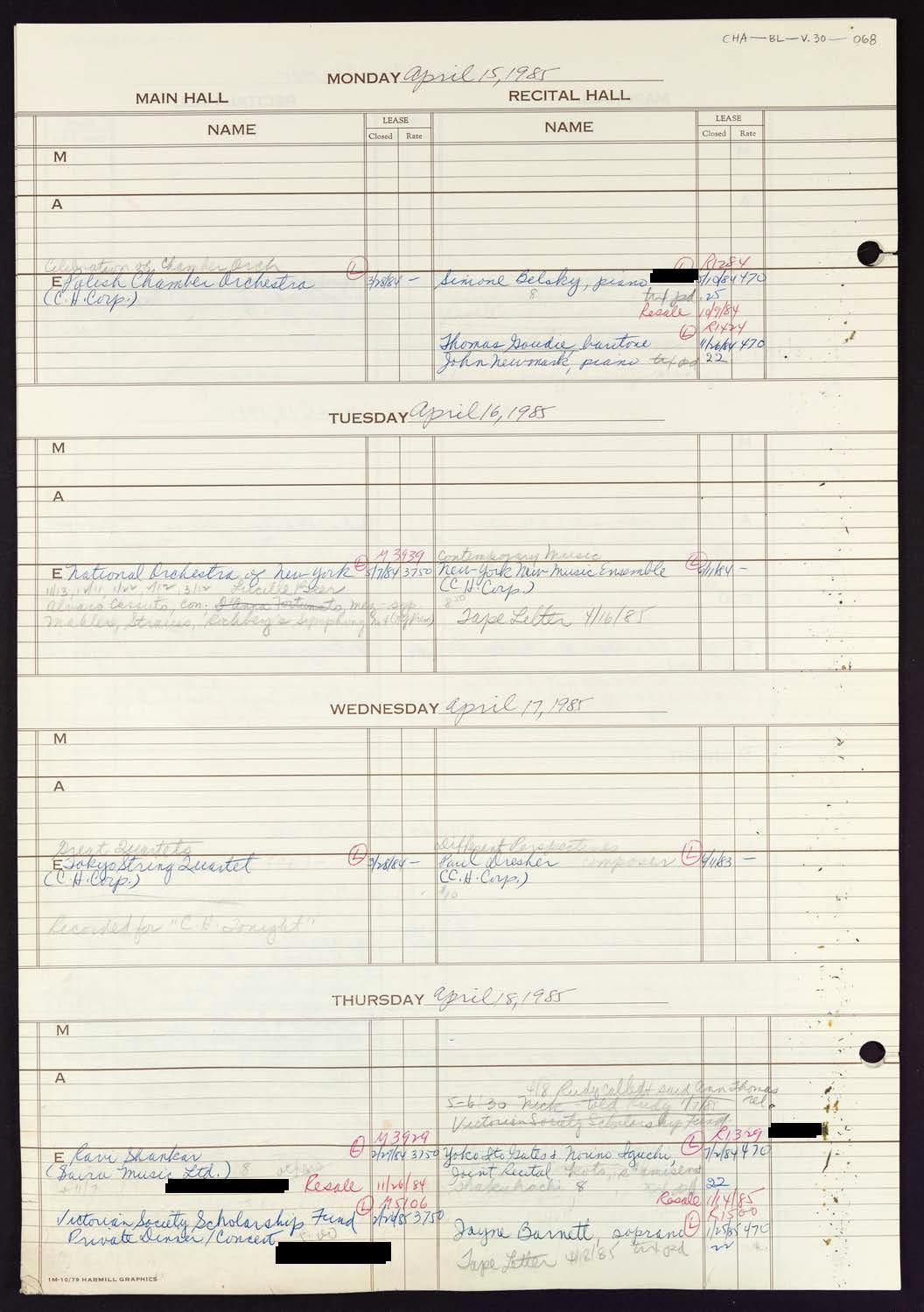 Carnegie Hall Booking Ledger, volume 30, page 68