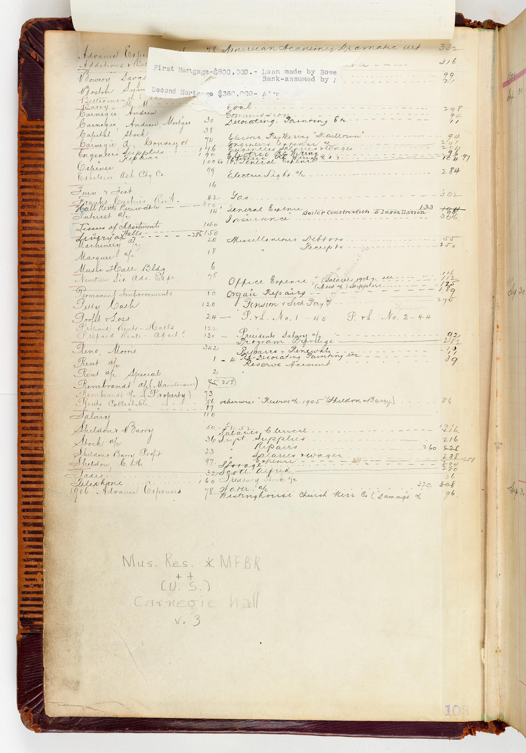 Music Hall Accounting Ledger, volume 3,  inside front cover (with clipping) page 1