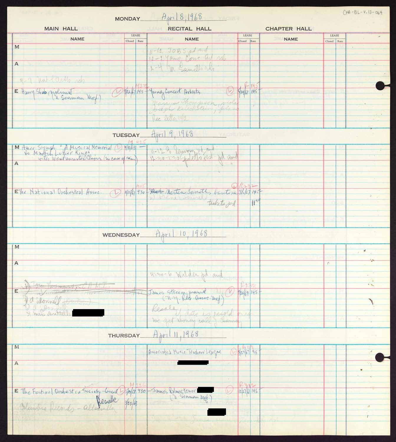 Carnegie Hall Booking Ledger, volume 13, page 64