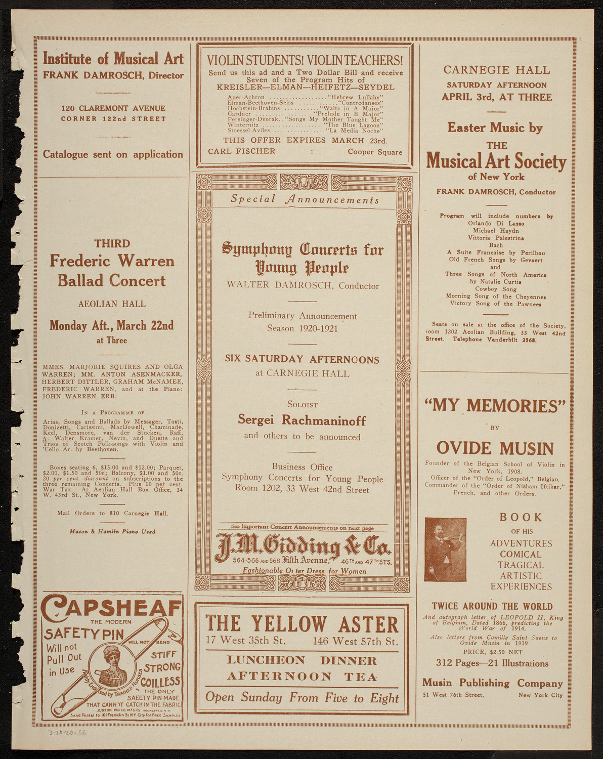 New York Symphony Orchestra, March 20, 1920, program page 9