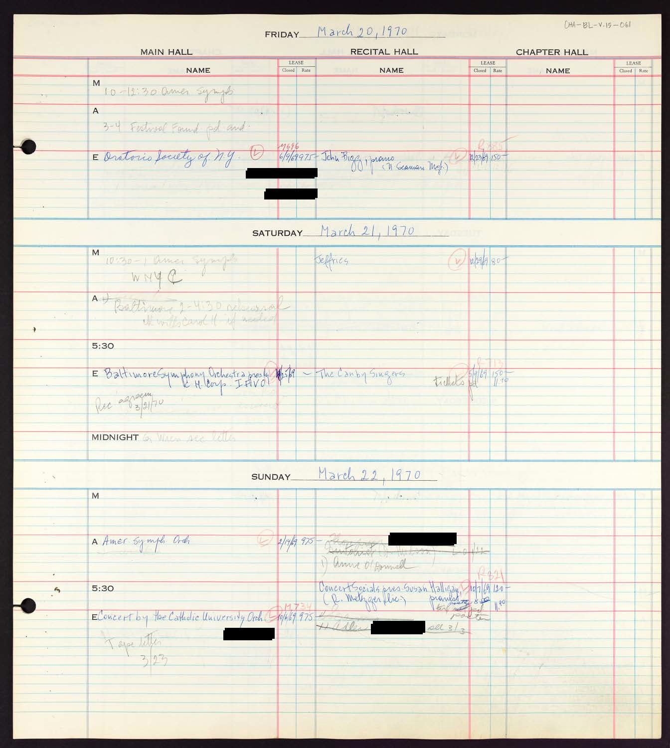 Carnegie Hall Booking Ledger, volume 15, page 61