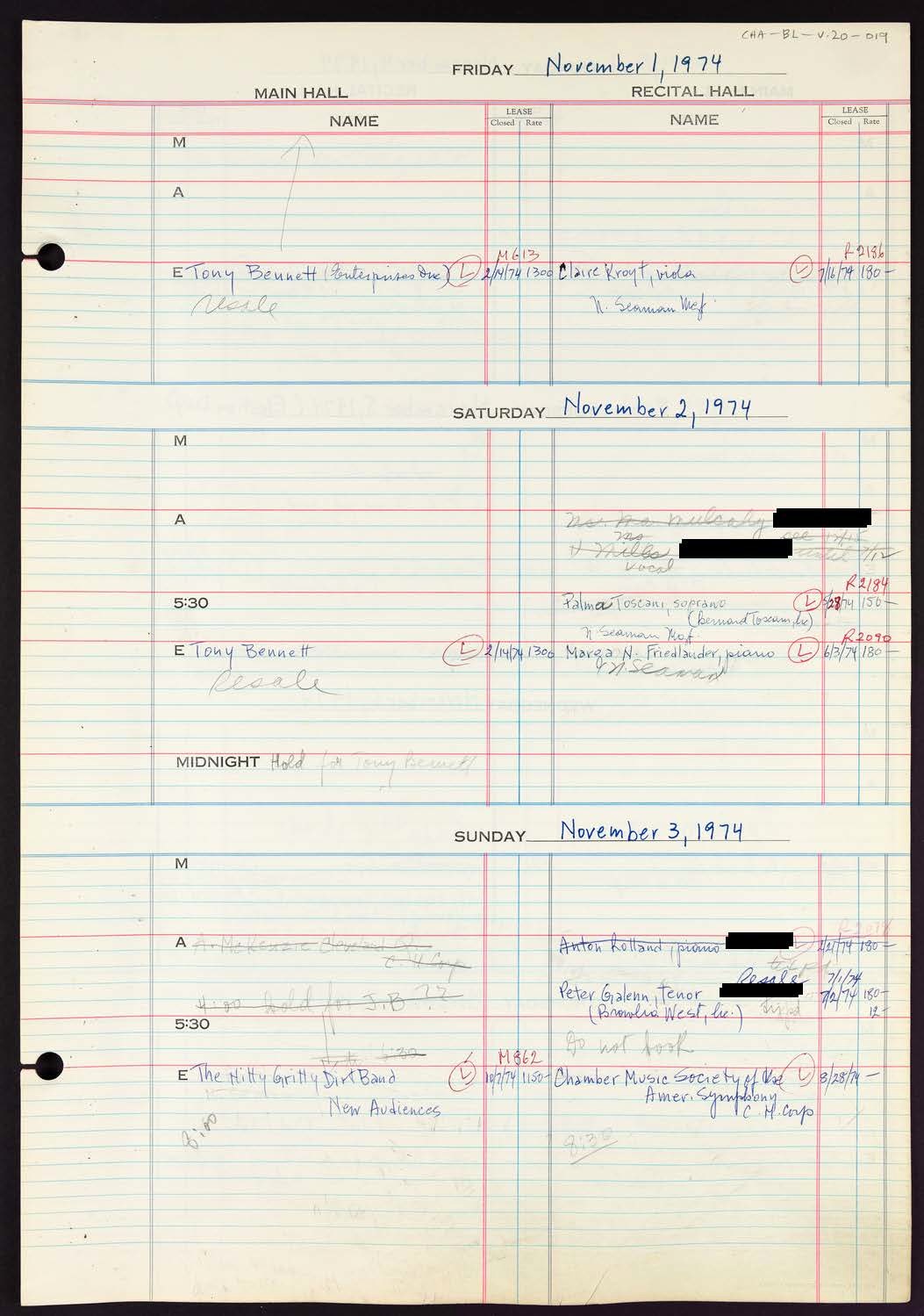 Carnegie Hall Booking Ledger, volume 20, page 19