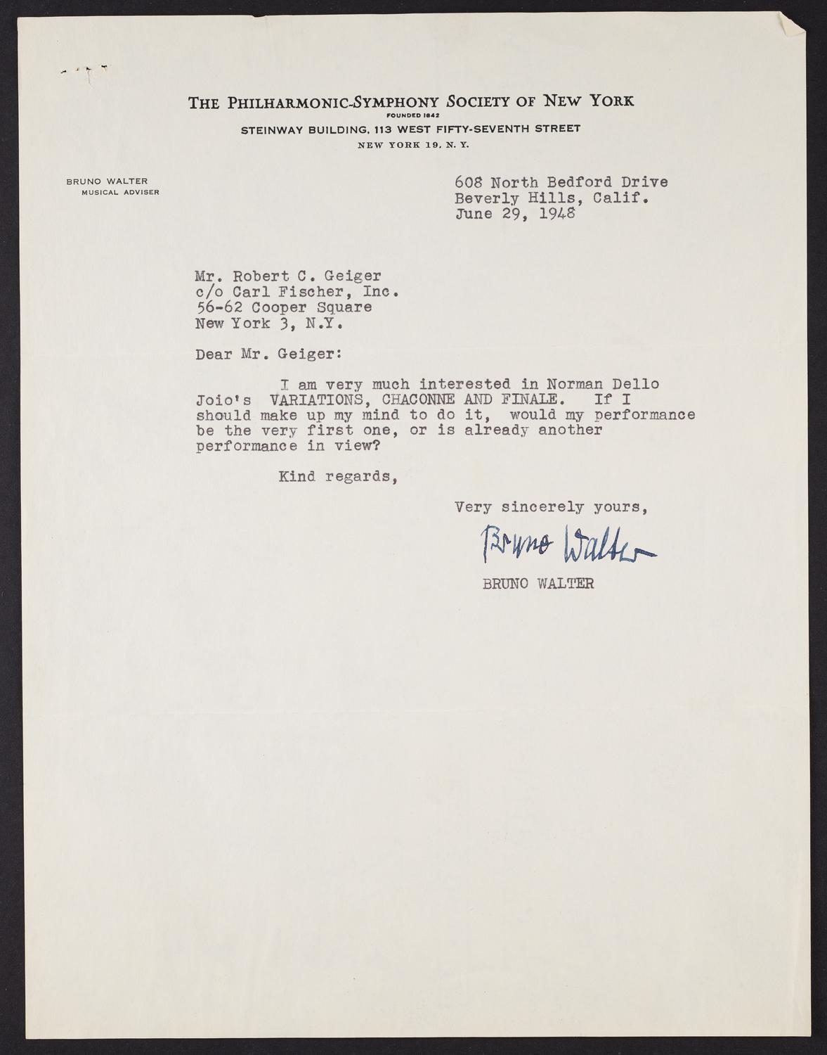 Correspondence from Bruno Walter to Robert Geiger, page 3 of 3