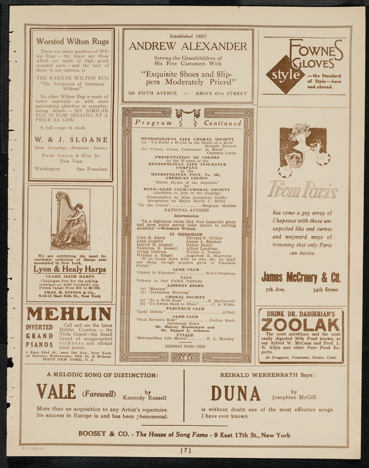 Metropolitan Post - American Legion Concert by Metropolitan Life Insurance Company Combined Musical Organizations, April 7, 1921, program page 7