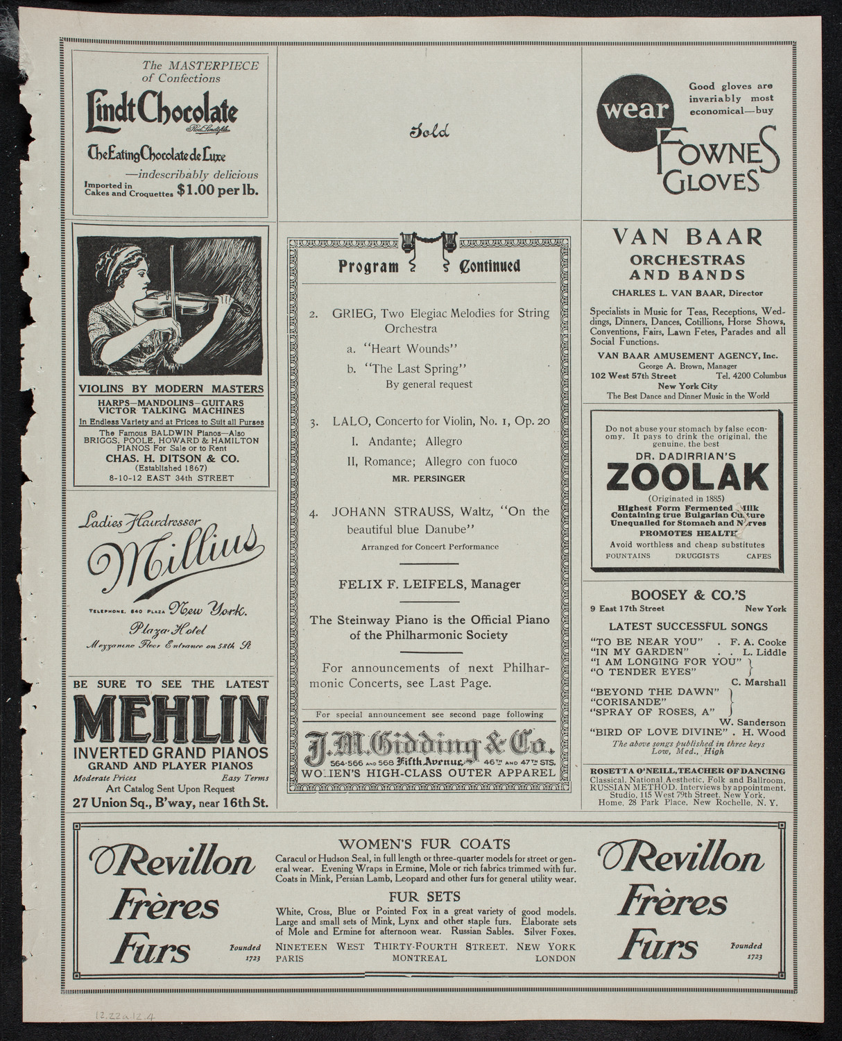 New York Philharmonic, December 22, 1912, program page 7